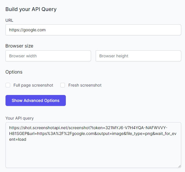 ScreenshotAPI query builder to take programmatic screenshots